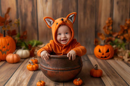 pumpkin backdrop with a red fox and woodland baby theme for halloween digital photography