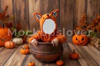 Fall Woodland Baby Digital Photography Background, Pumpkin Backdrop, Red Fox, Face Swap Overlay, Halloween Newborn Prop, Photoshop Template