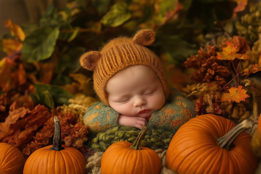newborn baby in a fantasy forest scene with pumpkins, face swap overlay, and autumn backdrop