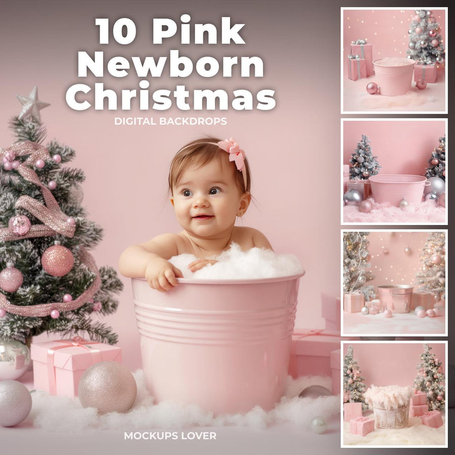 pink christmas newborn digital backdrop with festive holiday decorations and winter wonderland theme