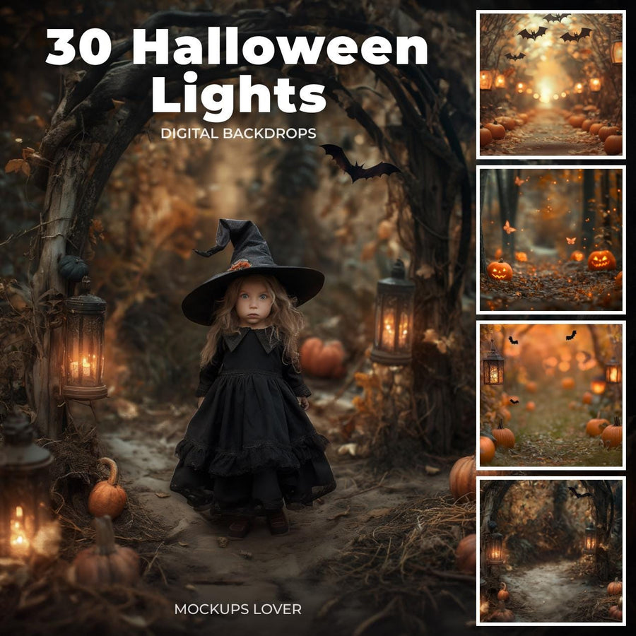 scene of halloween pumpkins and fairy lights, ideal for digital backdrop covers