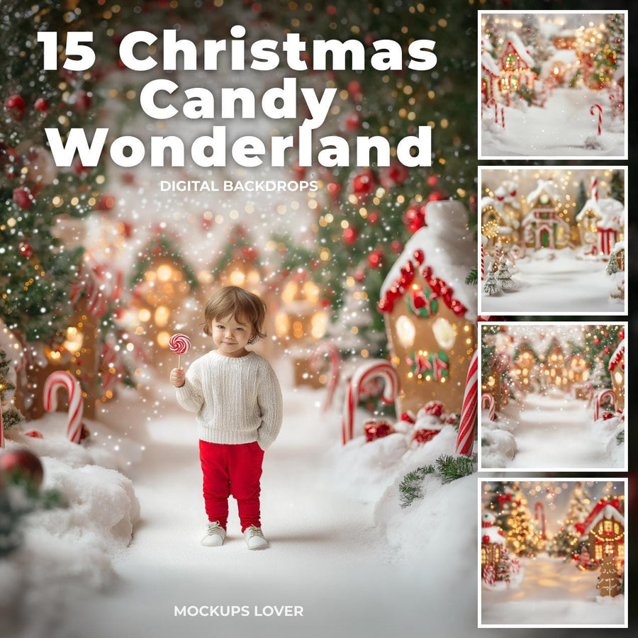 scene of a colorful candyland christmas backdrop with gingerbread houses and candy canes