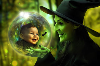 halloween witch globe scene with crystal ball, ideal for spooky season photography and kids' photoshoots