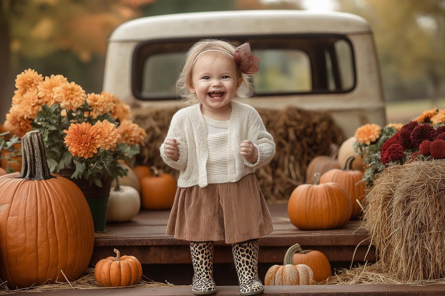 family and pets in autumn farm scene with pumpkins and vintage truck, perfect for photo backgrounds