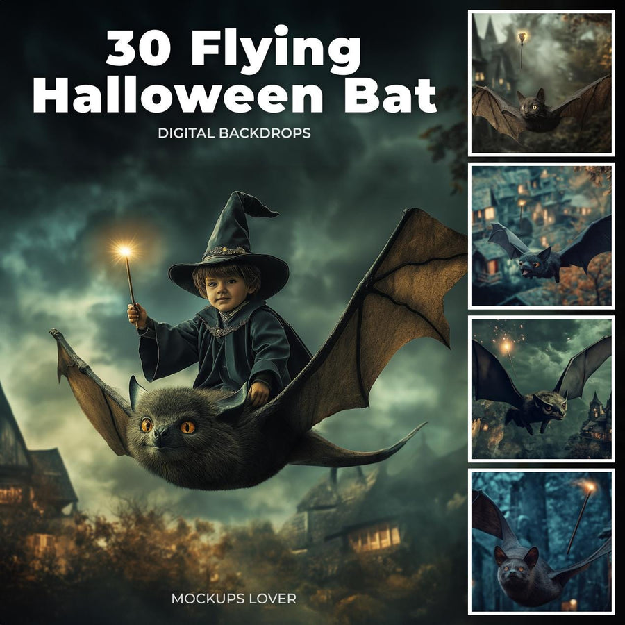 scene of a dark village with bats, wizard, and woods, suitable for halloween-themed photography and creative projects