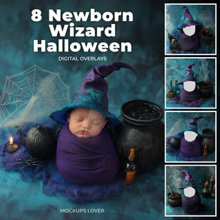 baby in halloween costume with witch broom and cauldron, studio background, ideal for holiday photos