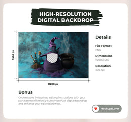 Halloween Newborn Digital Backdrop Bundle, Face Swap Overlay, Witch Broom, Cauldron, Baby Prop, Studio Background, Photoshop Template