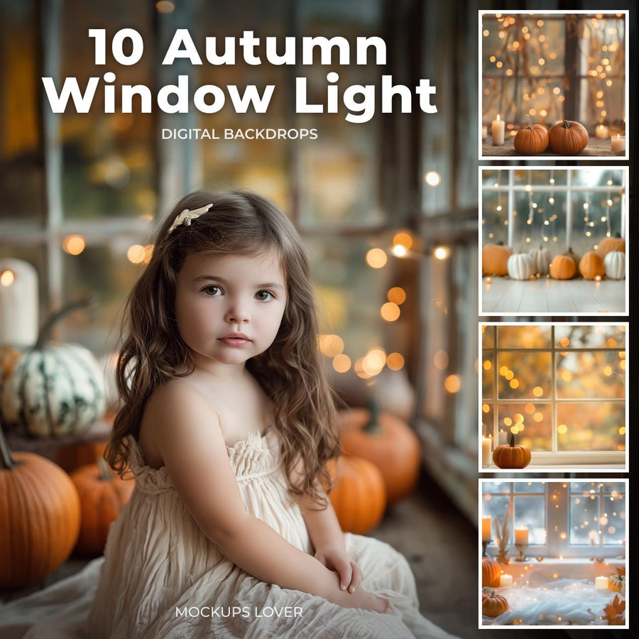 scene of a kid's portrait with autumn leaves, pumpkins, and halloween lights, on a digital backdrop