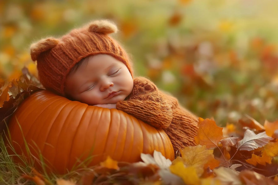 baby with pumpkin in autumn harvest backdrop, face swap overlay, digital photography background