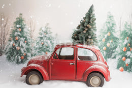 Christmas Digital Backdrop, Red Vintage Car Studio Photo Background, Holiday Baby Prop, Winter Wonderland, Photoshop & Canva Template