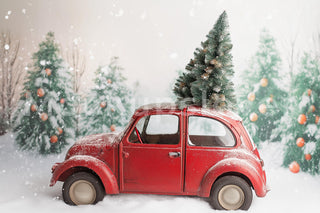 Christmas Digital Backdrop, Red Vintage Car Studio Photo Background, Holiday Baby Prop, Winter Wonderland, Photoshop & Canva Template