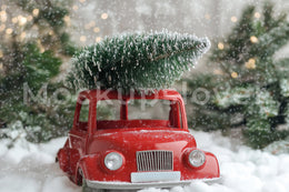 Christmas Red Car Digital Background, Holiday Baby Backdrop, Kids Portrait, Winter Wonderland, Christmas Tree, Forest, Photoshop Template
