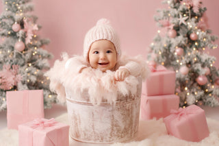 newborn baby with christmas tree and gifts, digital backdrop for holiday photography, studio scene