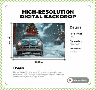 Vintage Christmas Car Digital Backdrop, Winter Wonderland Photo Background, Holiday Kids Prop, Photoshop & Canva Template