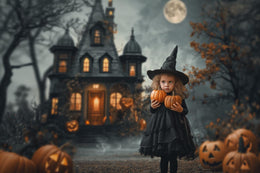 haunted house scene with pumpkins and lanterns, perfect for halloween portraits
