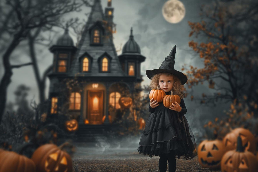 haunted house scene with pumpkins and lanterns, perfect for halloween portraits