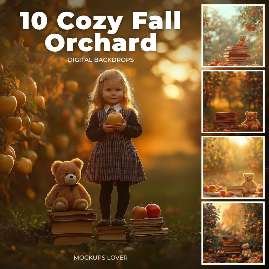 child with backpack and books in autumn outdoor setting, digital backdrop for photography