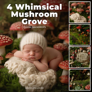 scene of a baby in a fantasy forest backdrop with mushrooms, ideal for newborn photography and creative projects