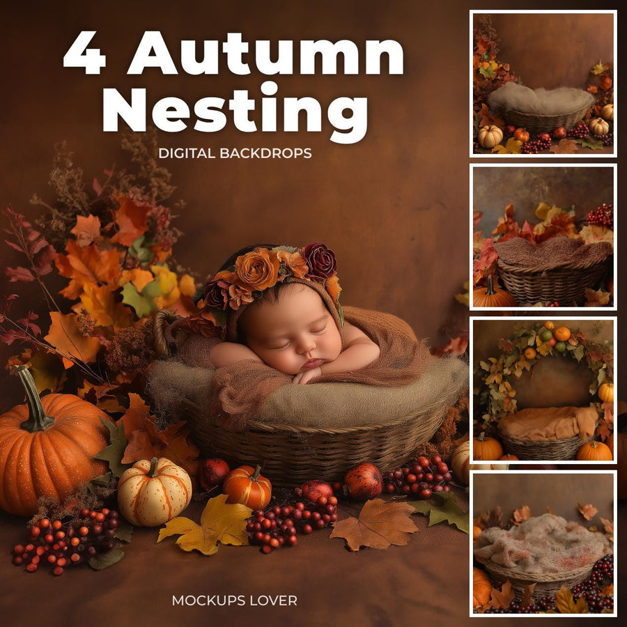 autumn nest scene with pumpkins and vintage baby studio prop, newborn photography bundle cover