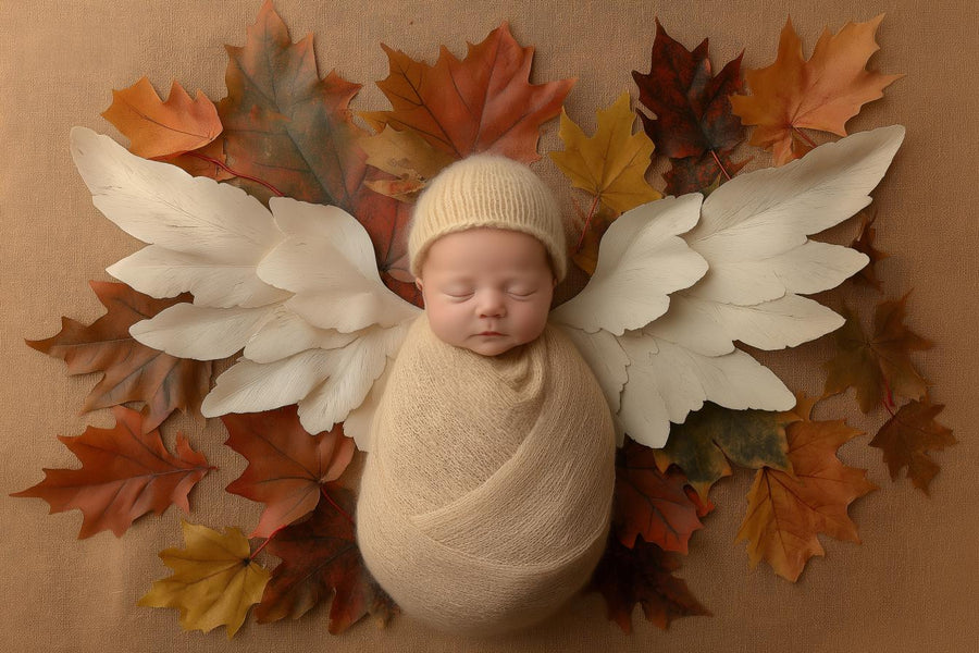 angel wings and fall leaves backdrop for newborn photography, woodland scene, baby boy or girl