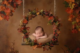 baby with fall leaves and wooden swing, digital backdrop for newborn photography