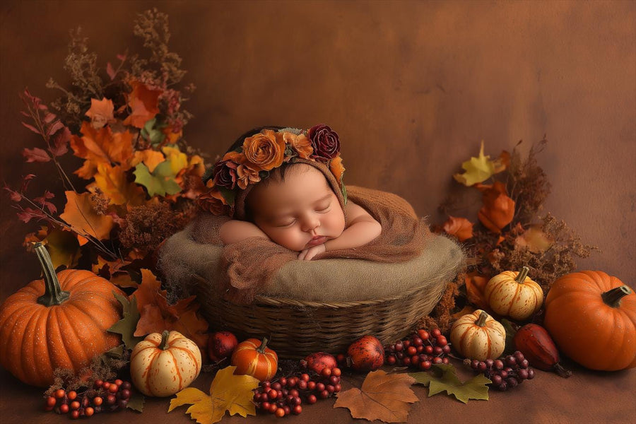 digital backdrop featuring autumn leaves and pumpkin scene, perfect for newborn photo shoots