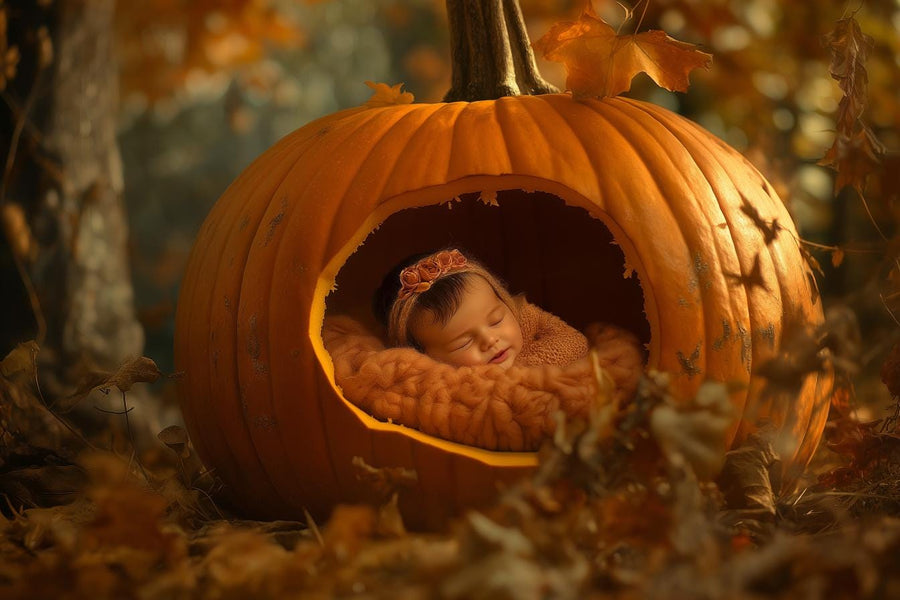 digital backdrop of giant pumpkin in a fall forest scene, ideal for holiday and baby photography