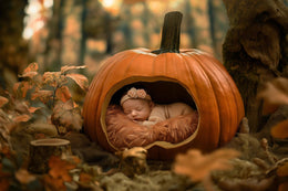 newborn baby nestled in a pumpkin prop with a fantasy forest halloween backdrop in autumn colors for digital photography