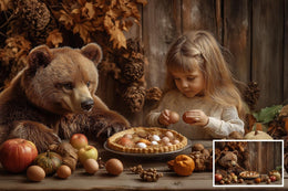 Fall Background Digital Photography Composite, Autumn Rustic Farmhouse Kitchen, Bear Baking Dinner Backdrop, Kid Fantasy Creative Portrait