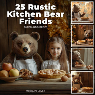 autumn rustic farmhouse kitchen scene with fall leaves and a bear baking dinner, ideal for creative portrait photography