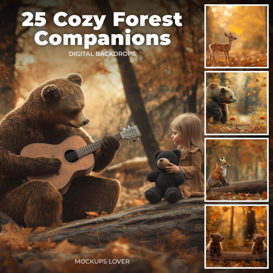 woodland animals in an enchanted autumn forest with fall leaves and digital photography backdrop
