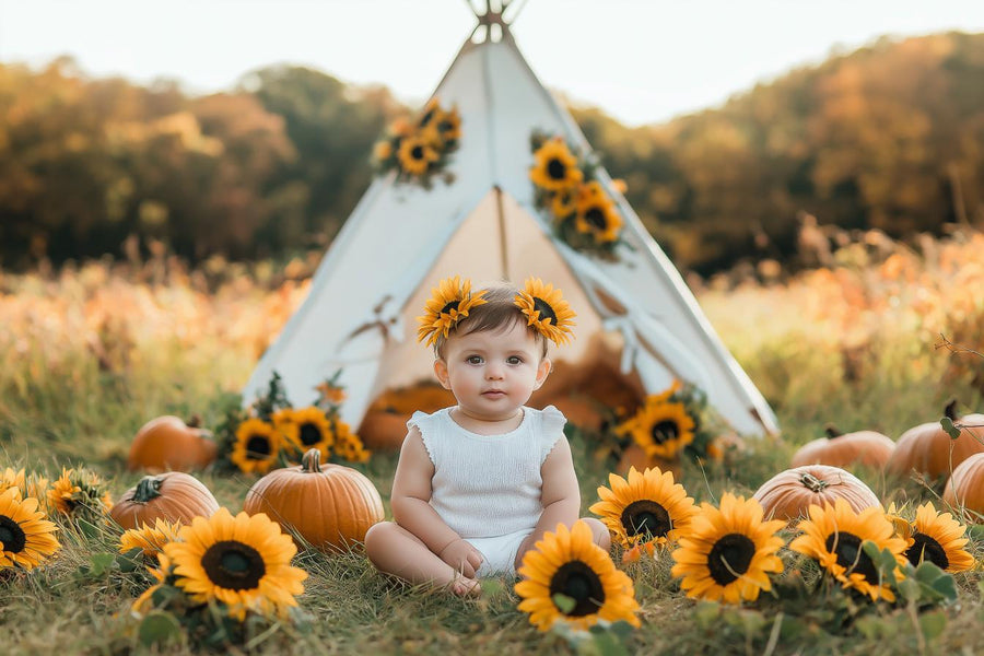 teepee tent with autumn sunflowers and pumpkins, ideal for baby and family photography backdrop