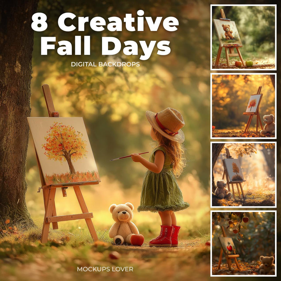 back to school digital background with teddy bear and fall leaves in autumn forest scene, cover image