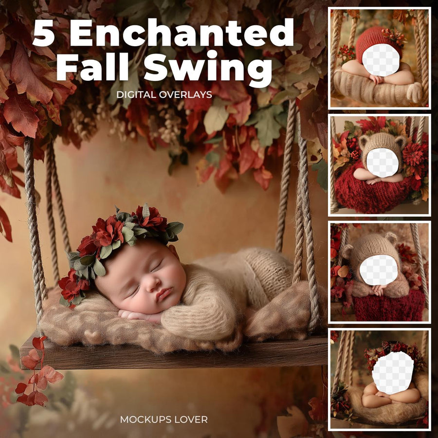 scene of a newborn baby in a fall leaves swing, digital backdrop for creative photoshoots