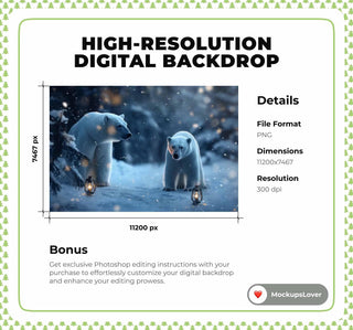 Polar Bear Digital Photography Background, Winter Wonderland, Woodland Creatures, Lantern Backdrop, Kids Photo Prop, Fantasy Forest