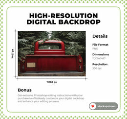 Rustic Christmas Digital Backdrop, Farm Red Truck Photo Background, Holiday Family Portrait, Winter Wonderland, Photoshop & Canva Template