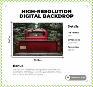 Rustic Christmas Digital Backdrop, Farm Red Truck Photo Background, Holiday Family Portrait, Winter Wonderland, Photoshop & Canva Template