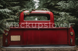 Rustic Christmas Digital Backdrop, Farm Red Truck Photo Background, Holiday Family Portrait, Winter Wonderland, Photoshop & Canva Template