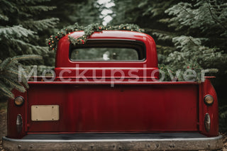 Rustic Christmas Digital Backdrop, Farm Red Truck Photo Background, Holiday Family Portrait, Winter Wonderland, Photoshop & Canva Template