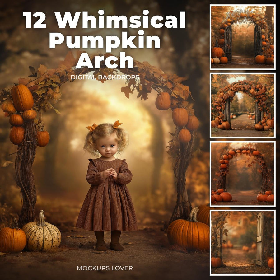 pumpkin archway surrounded by fall leaves for digital photography and autumn backgrounds