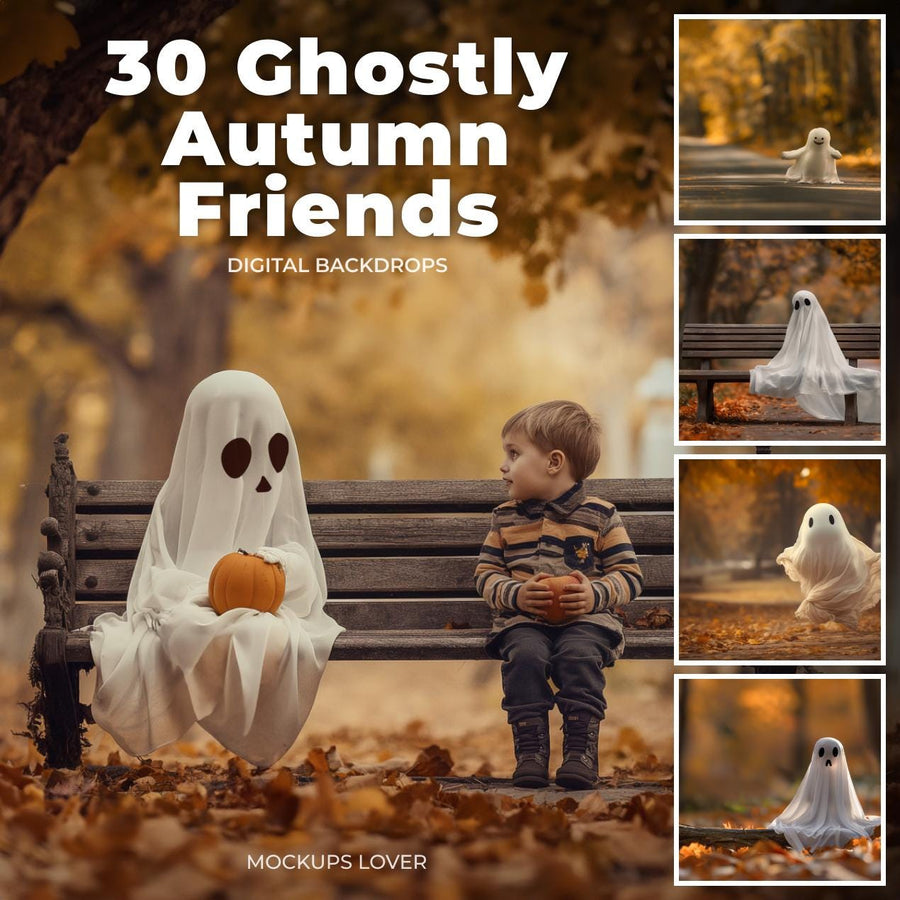 halloween ghost digital cover featuring autumn woodland bench and fall leaves scene