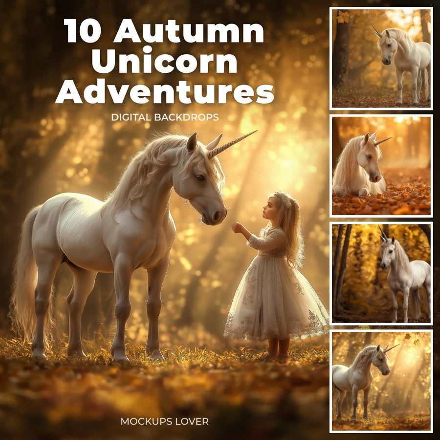 fall unicorn scene with enchanted autumn forest for digital backdrop cover