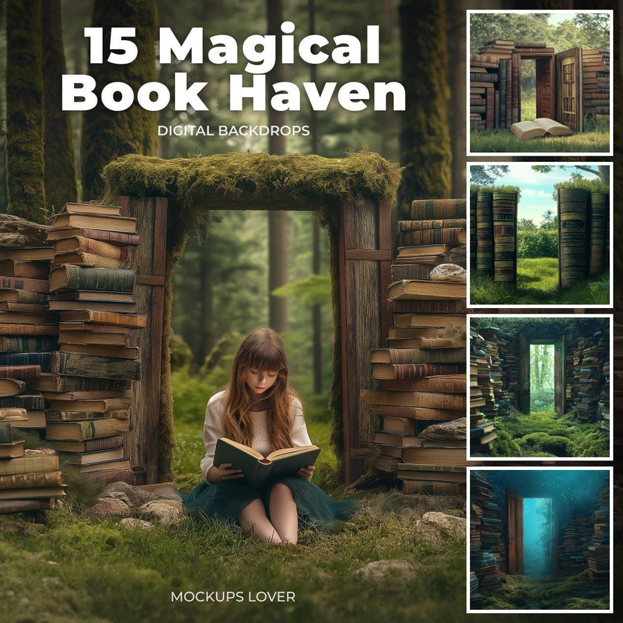 scene of vintage books and enchanted forest backdrop, perfect for back to school photography