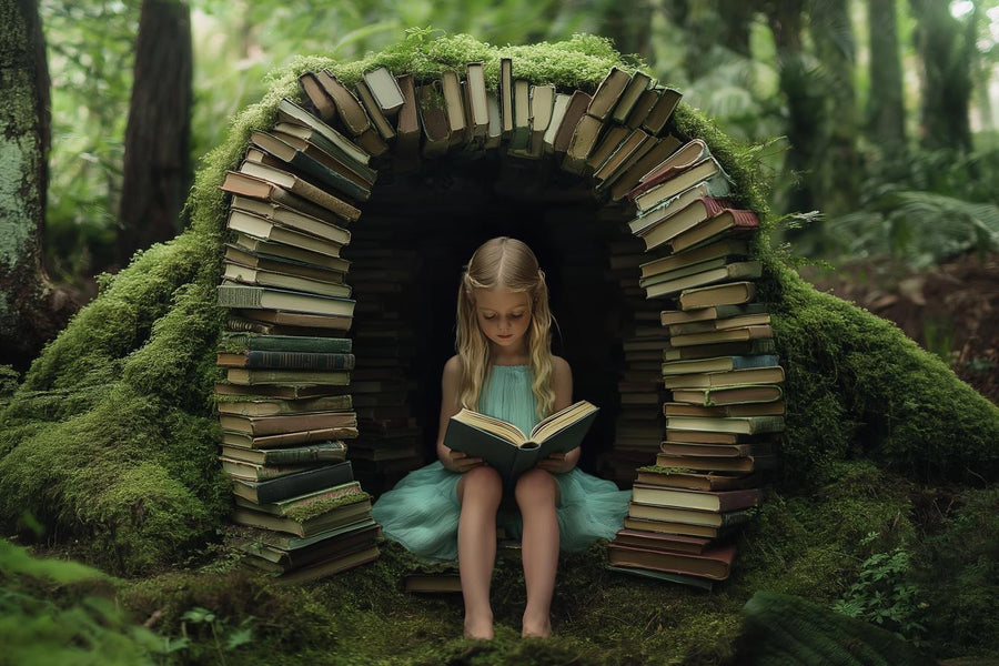 kids with books and forest backdrop, digital photography scene, perfect for school photos