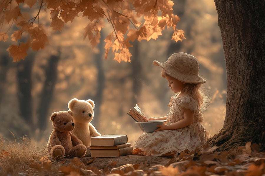 children's back to school scene with autumn leaves and vintage books, perfect for photo shoots