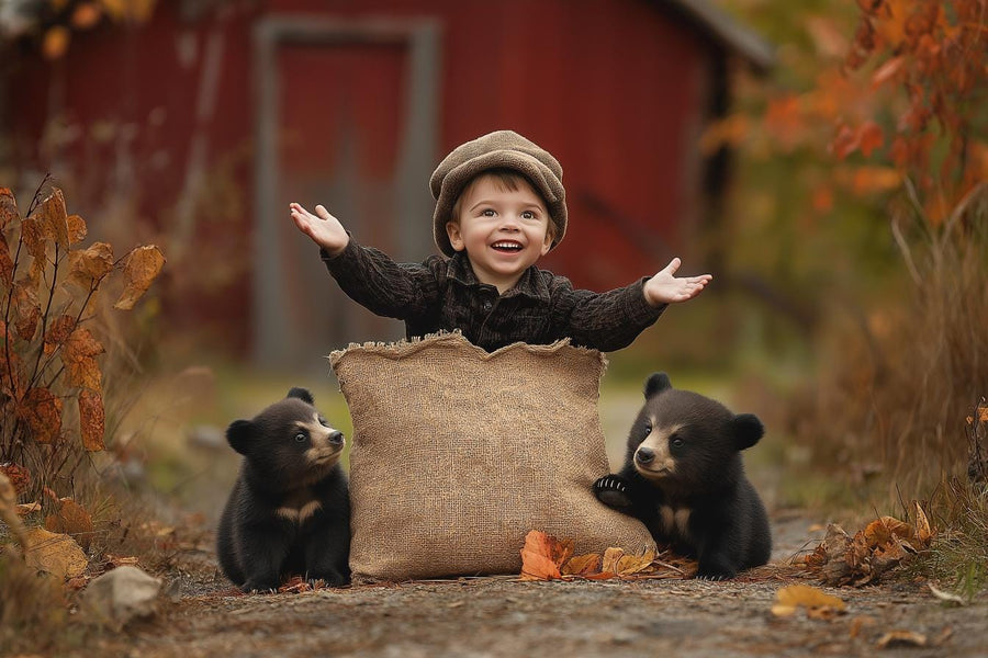 kids' outdoor photography scene with bear cubs and autumn farm backdrop, ideal for creative photo shoots