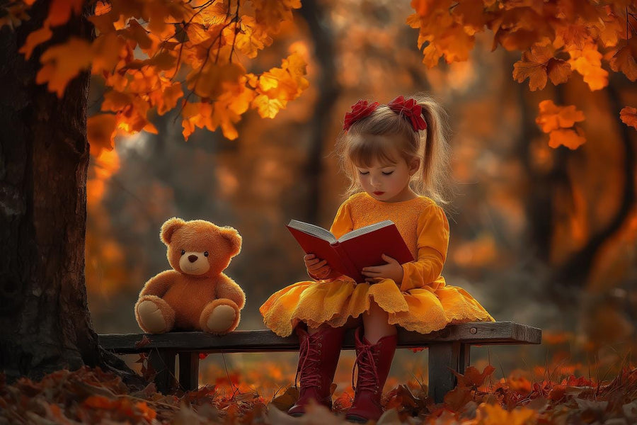 kids' outdoor scene with wooden bench and teddy bear in autumn forest backdrop