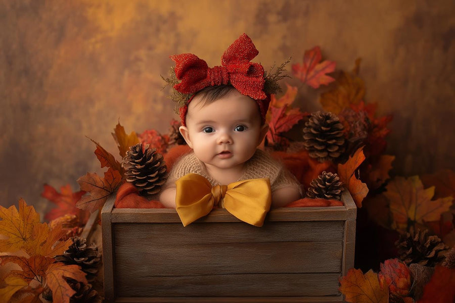 newborn girl in wooden bowl with autumn leaves, digital backdrop for photography