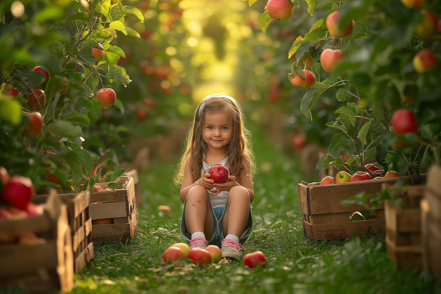 apple tree scene with autumn leaves, ideal for kids' portrait photography
