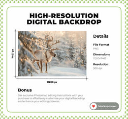 Reindeer Digital Photography Background, Christmas Backdrop, Fantasy Forest Holiday Kids Photo Prop, Winter Wonderland, Photoshop Template